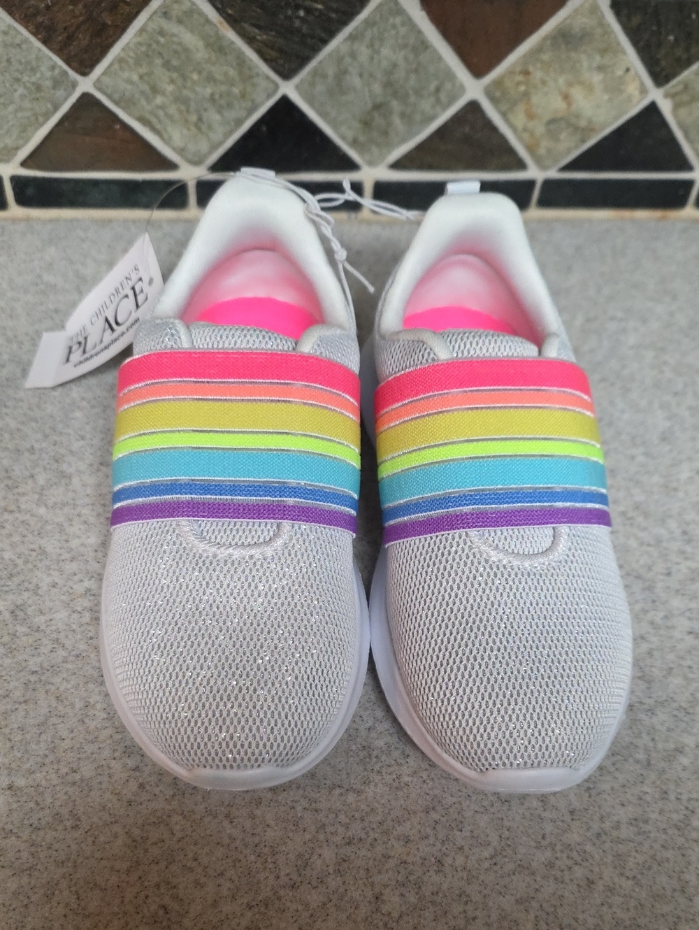 The Children's Place Girls' Gray Mesh Slip-On Sneakers with Rainbow Elastic